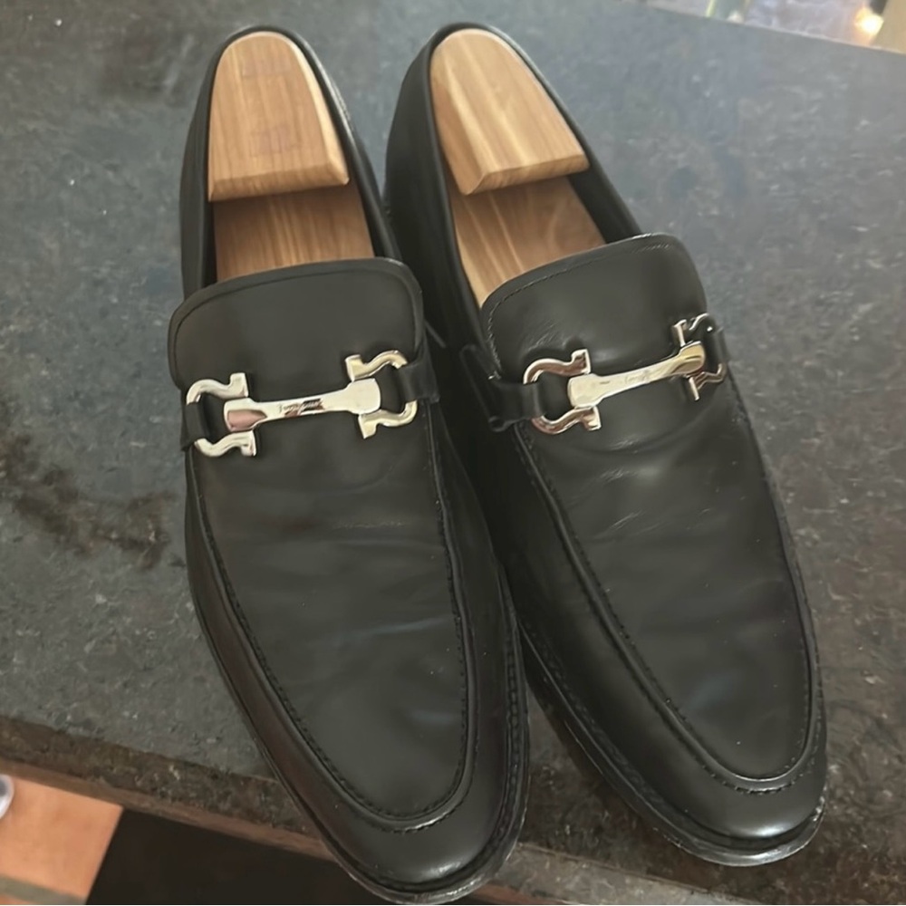 Salvatore Ferragamo Black Leather Loafers with Horsebit Detail